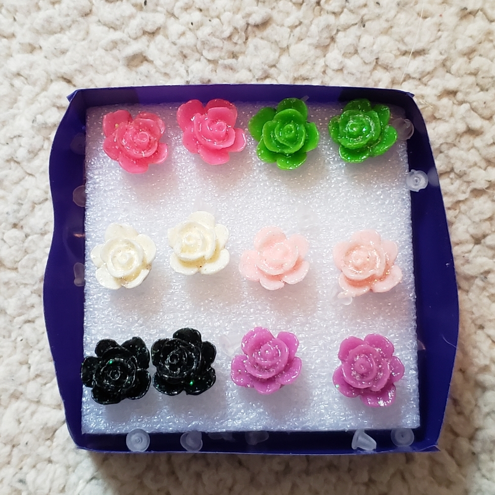 Six Pairs Glittery Rose Stud Earrings!